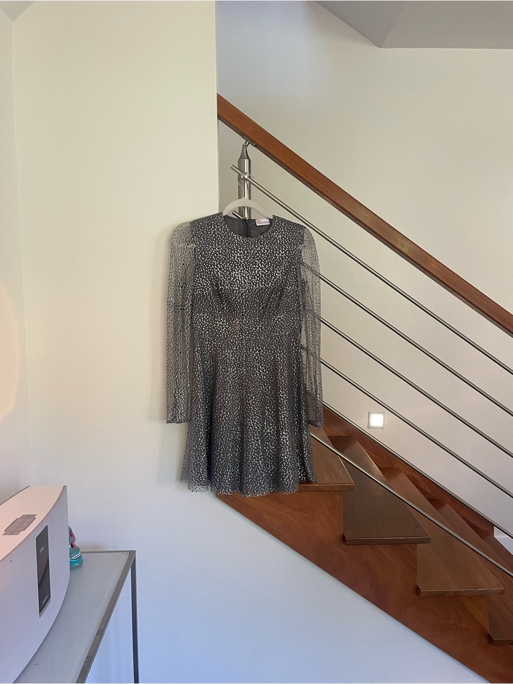 RED Valentino Black Sheer Long-Sleeve A-Line Dress with Metallic Dot Detail